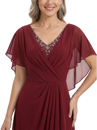 ChicSew V-Neck Flutter Sleeve Beaded Lace Applique Ruched Bodice High Low Hem Floor Length Chiffon Romantic Mom Of The Groom Dresses