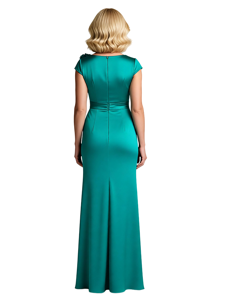 Modern Cap Sleeve Satin Floor-Length Mother Of The Bride Dress With Floral Shoulder