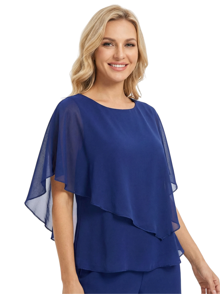 Simple Round Neck Chiffon Mother Of The Bride Pantsuit Half Sleeves Formal Wedding Attire