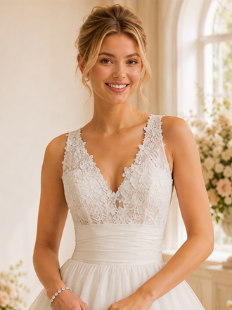 ChicSew Elegant Spaghetti Straps V-Neck A-Line Lace Chiffon Long Wedding Dresses