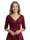 ChicSew Long Sleeve Ruched Satin Tea-Length Mother Of The Bride Dress With V-Neck