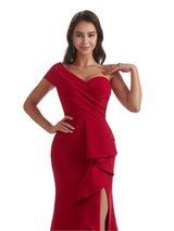 Sexy Mermaid Side Slit One Shoulder Crepe Long Bridesmaid Dress For Wedding
