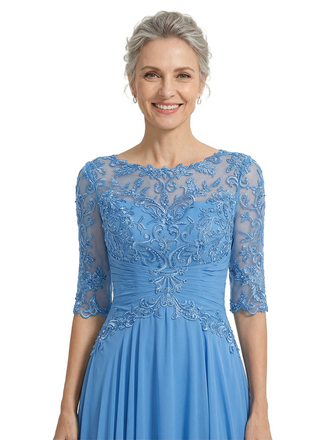ChicSew Scoop Half Sleeve Lace Applique Ruched Waist A-Line Floor Length Chiffon Elegant Mother Of The Bride And Groom Dresses