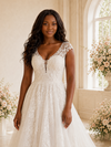 ChicSew Romantic A-Line V-Neck Cap Sleeves Tulle Long Wedding Dress With Lace Appliques
