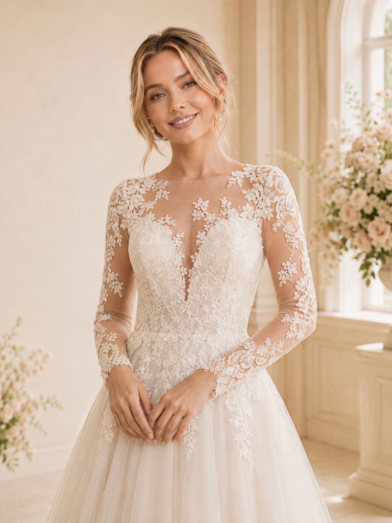 ChicSew Fancy Illusion Long Sleeves Lace Tulle Long A-Line Wedding Dress