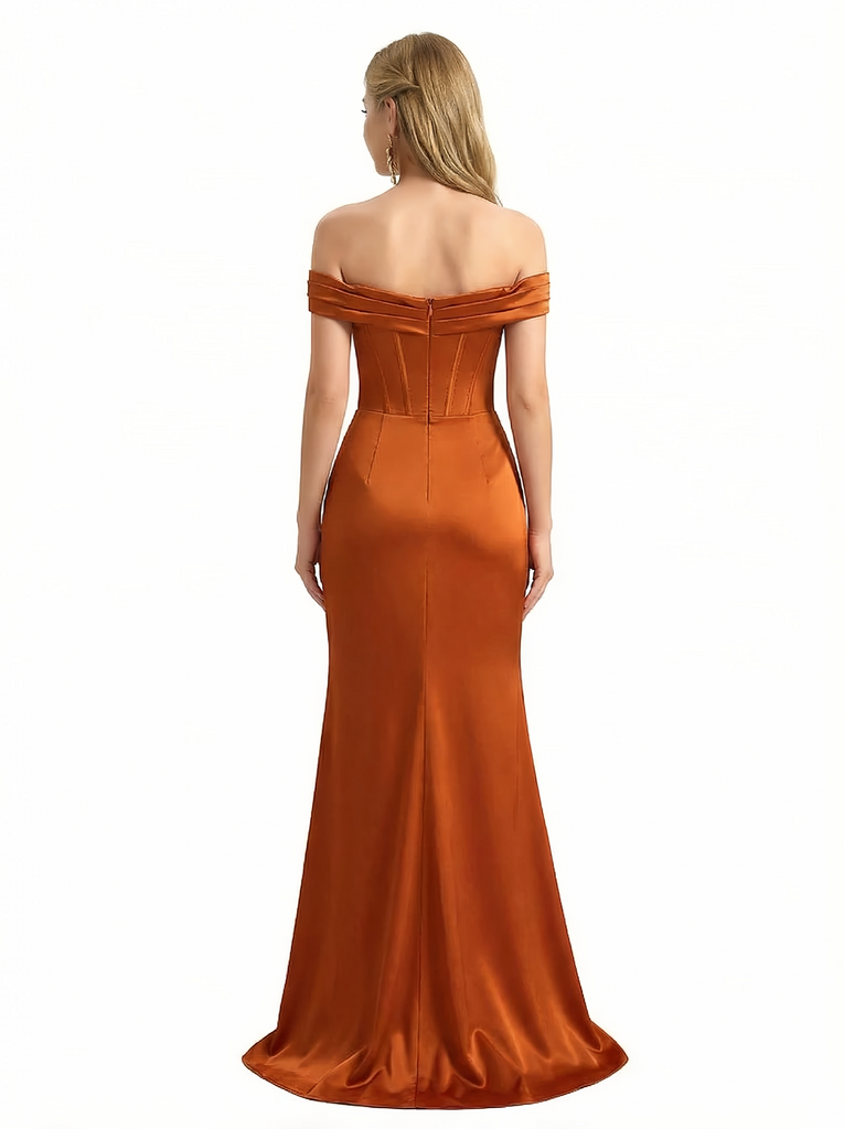 Sexy Side Slit Boning Off The Shoulder Silky Satin Mermaid Maxi Evening Gowns For Women