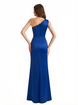 Sexy Mermaid One Shoulder Side Slit Silky Satin Long Evening Dresses For Wedding