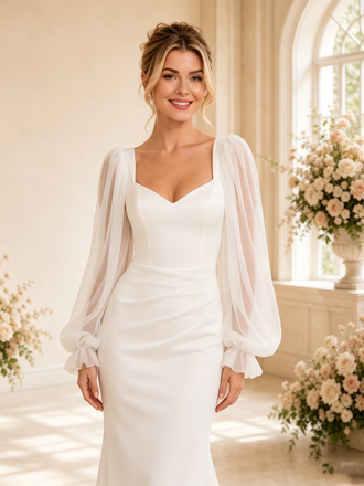 Chicsew Modern Classy Mermaid Floor-Length V-Neck Lace Long Sleeves Crepe Wedding Dresses