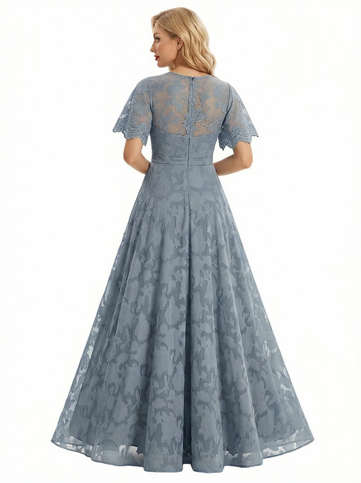 Elegant Flutter Sleeves Jewel Floral Burnout Chiffon A-Line Formal Evening Dresses