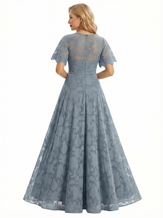 Elegant Flutter Sleeves Jewel Floral Burnout Chiffon A-Line Formal Evening Dresses