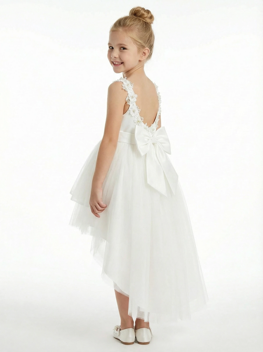 Pearl Trim Tank Style Flower Girl Dress with Tiered Tulle Skirt High Low Hem Design