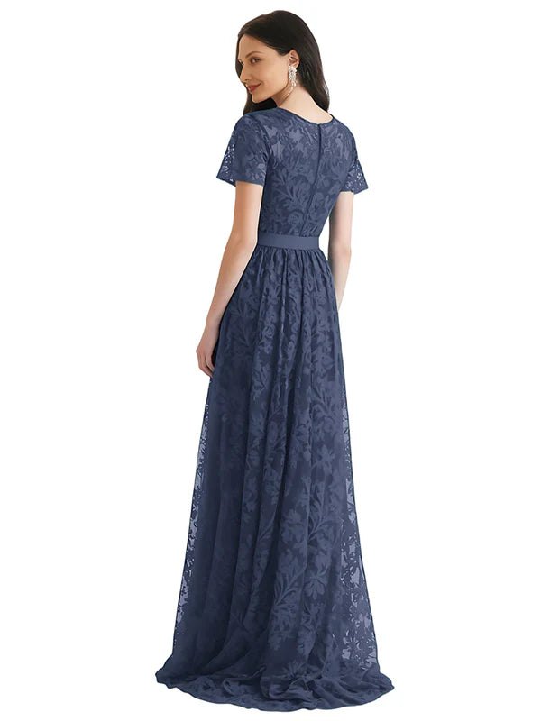Lace V-neck Short Sleeves A-line Long Mother of The Bride Dresses