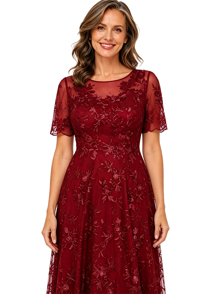 ChicSew Beautiful Short Sleeve Round Neck Lace Tea Length A-Line Mother Of The Bride Dress