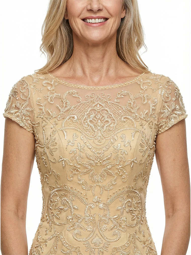 ChicSew Elegant Jewel Cap Sleeves Mermaid Mother Of The Bride Gown Lace Tulle Overlay