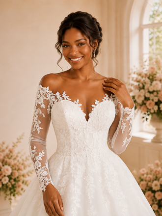 ChicSew Elegant A-Line V-Neck Long Sleeves Lace Appliques Tulle Maxi Wedding Dress