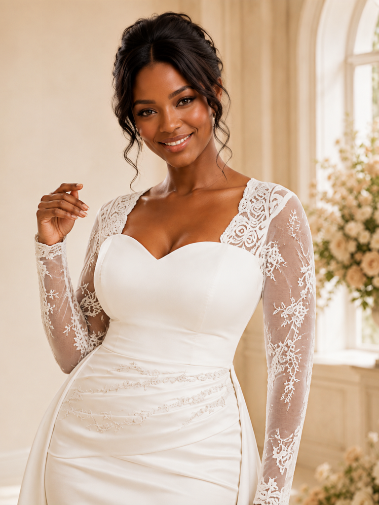 ChicSew Modern Satin Lace Long Sleeves Ruching Mermaid Floor-Length Wedding Dress