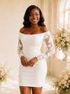 ChicSew Fancy Long Lace Sleeves Mini-Length Sheath Crepe Wedding Dress