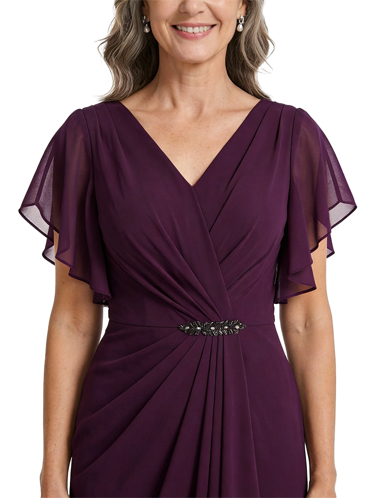 ChicSew V-Neck Short Sleeves Ruffle Ankle-Length Chiffon Elegant Mom Of The Groom Dresses