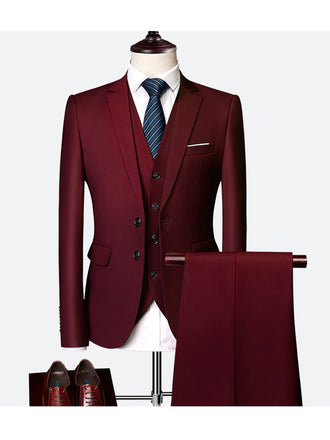 Burgundy Casual Men's 3 Pieces Mens Suit Regular Fit Notch Lapel Tuxedos (Blazer+vest+Pants) CN440