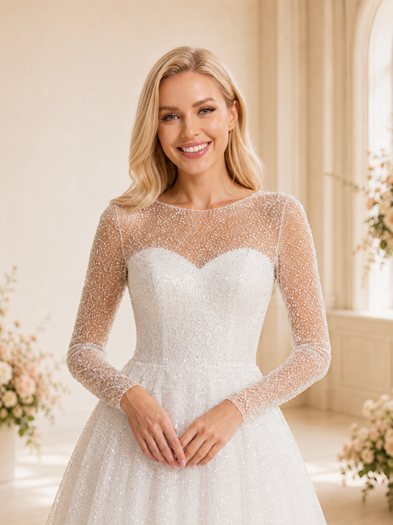ChicSew Classy Modern Glitter Tulle Illusion Long Sleeves A-Line Maxi Wedding Dress With Button