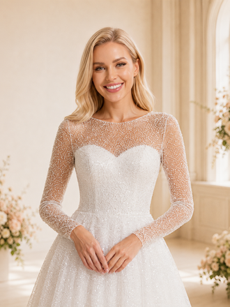 ChicSew Classy Modern Glitter Tulle Illusion Long Sleeves A-Line Maxi Wedding Dress With Button