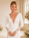 ChicSew Sexy Deep V-Neck Long Sleeves Side Slit Mermaid Crepe Long Wedding Dress
