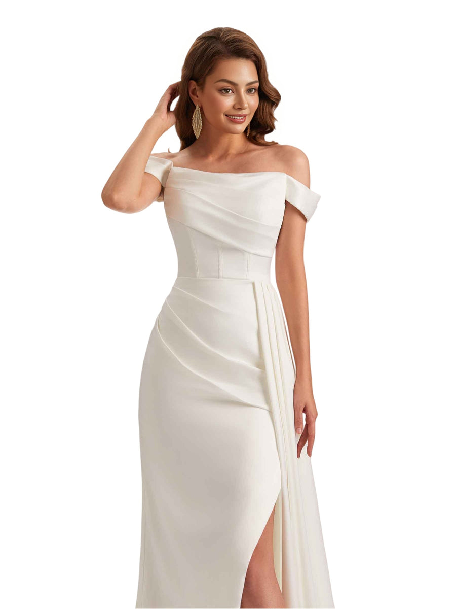 Unique Mermaid Off Shoulder Soft Satin Side Slit Long Bridesmaid Dresses