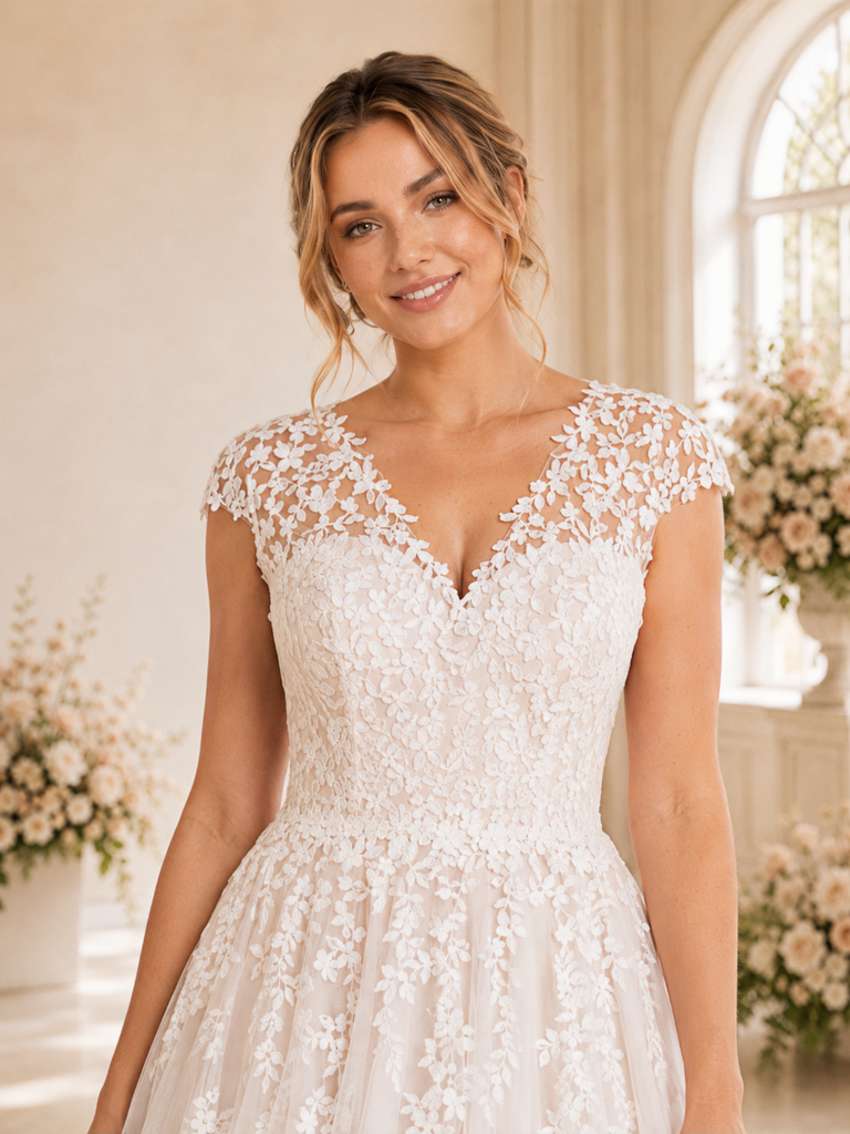 ChicSew Fancy Cap Sleeves V-Neck Lace Tulle Long A-Line Wedding Dress