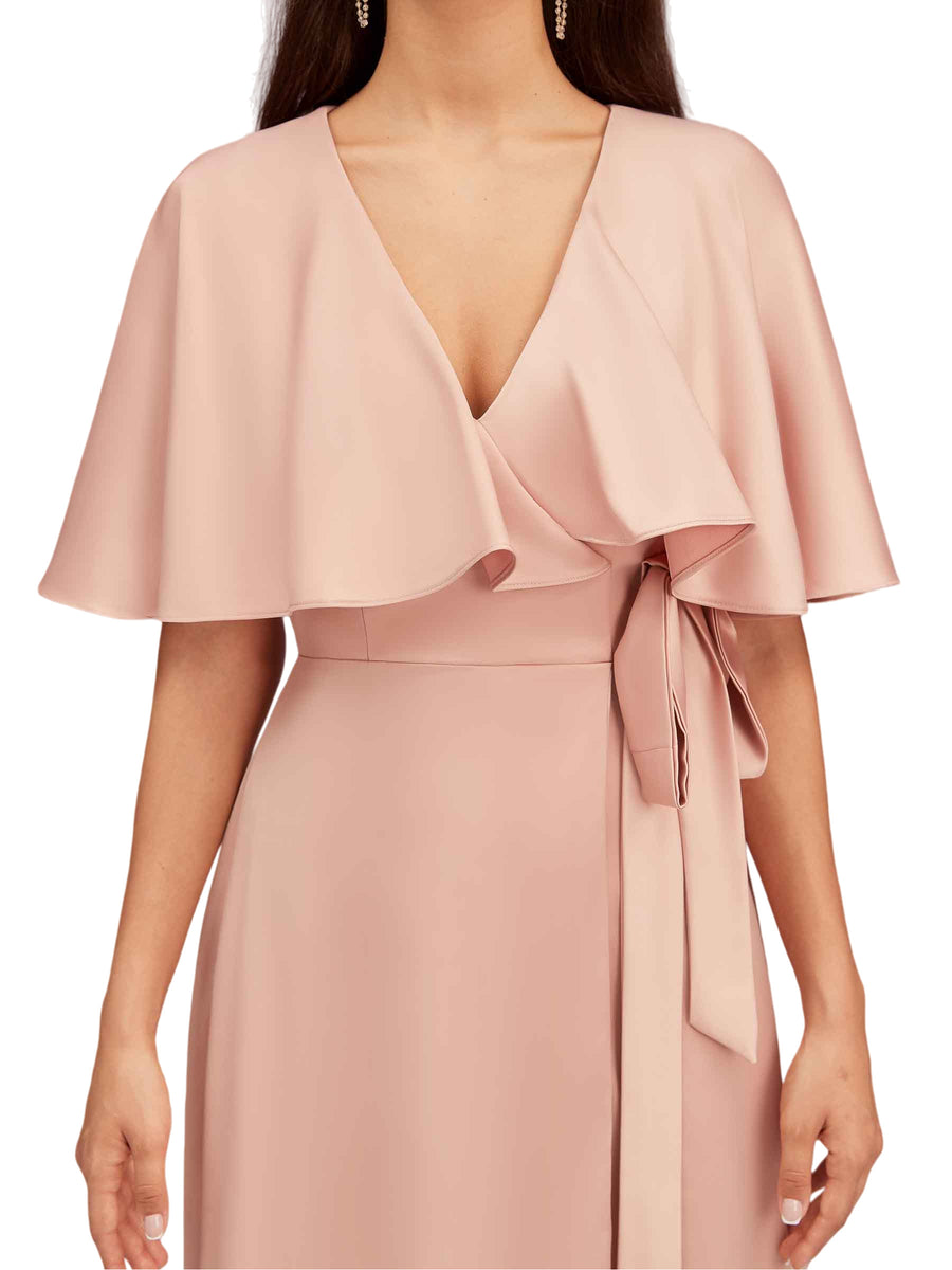 Elegant Bat Sleeves V-neck A-Line Side Slit Long Soft Satin Bridesmaid Dresses