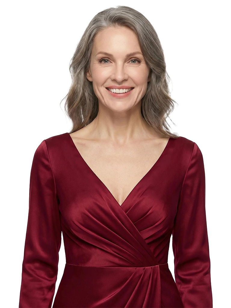 ChicSew V-Neck Long Sleeves Ruched Satin Side Slit Floor-Length Mermaid Mother of the Bride Dress