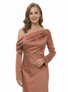 ChicSew Asymmetric Long Sleeves Satin Ruched Ankle-Length Mermaid Elegant Mother of the Bride Dress