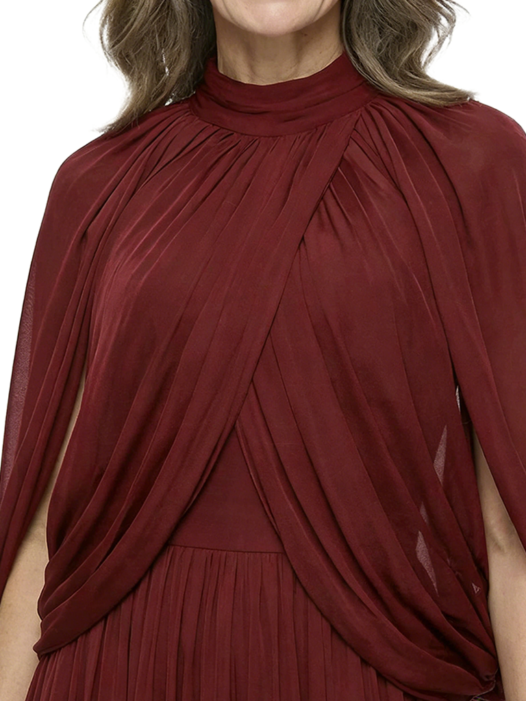 ChicSew High Neck Cape Sleeve Pleated Waist Floor Length Chiffon A-Line Mother of the Bride Dresses