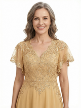 ChicSew V-Neck Flutter Sleeve Beaded Lace Applique Floor Length Chiffon Fancy Mother of the Bride Dresses