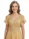 ChicSew V-Neck Flutter Sleeve Beaded Lace Applique Floor Length Chiffon Fancy Mother of the Bride Dresses