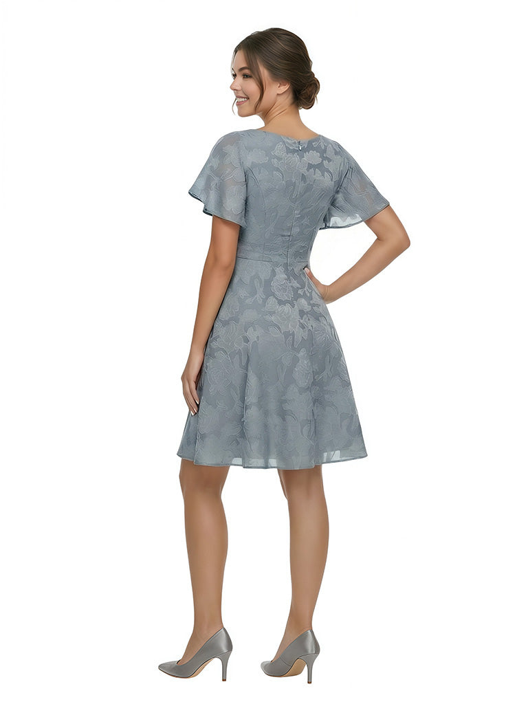 Elegant Flutter Sleeves V-Neck Floral Burnout Chiffon Knee-Length A-Line Formal Evening Dresses