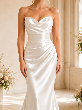 ChicSew Sexy Strapless Ruched Mermaid Sleeveless Satin Long Wedding Dresses With Train