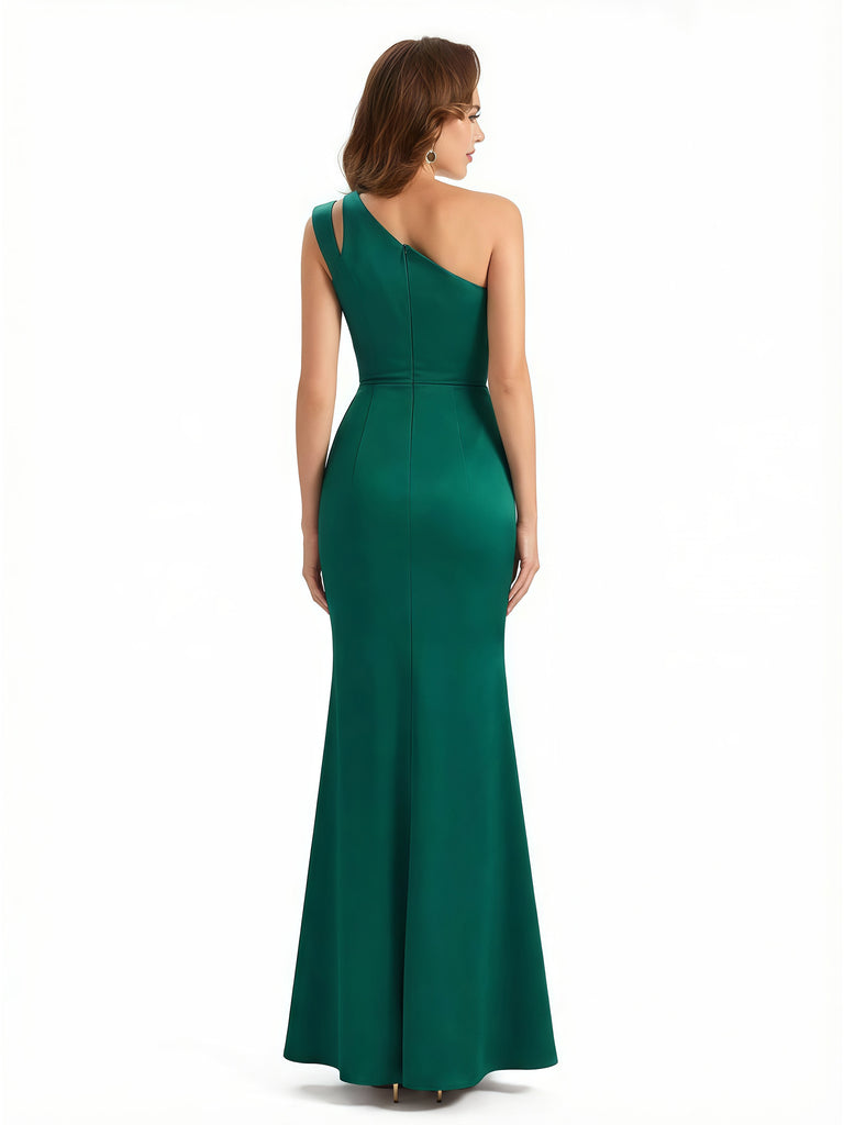 Ladies Sexy One Shoulder Side Slit Mermaid Silky Satin Long Formal Dresses