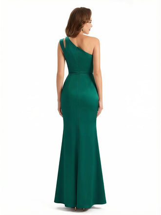 Ladies Sexy One Shoulder Side Slit Mermaid Silky Satin Long Formal Dresses