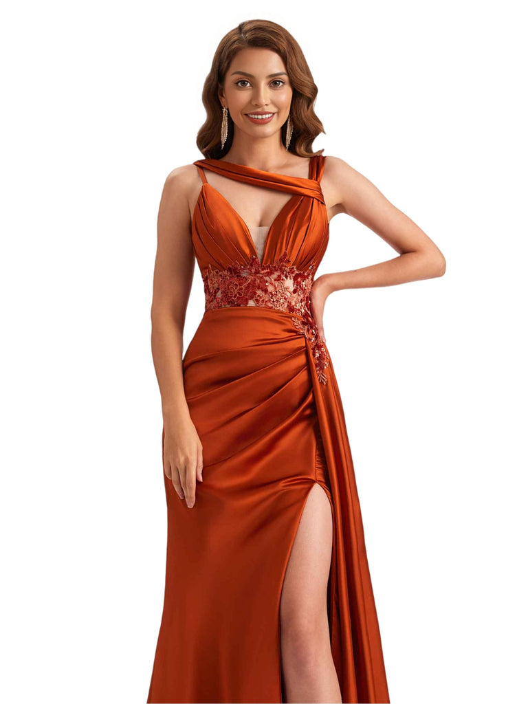 Unique Soft Satin Mermaid Lace Applique Spaghetti Straps Side Slit Long Bridesmaid Dresses Online