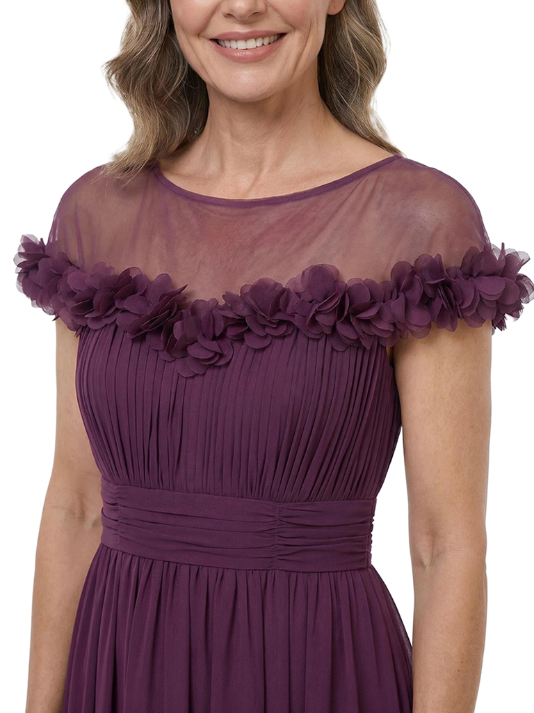 ChicSew Illusion 3D Floral Chiffon Tea‑Length Mother of the Bride Dress Short Sleeve Formal Party Gown