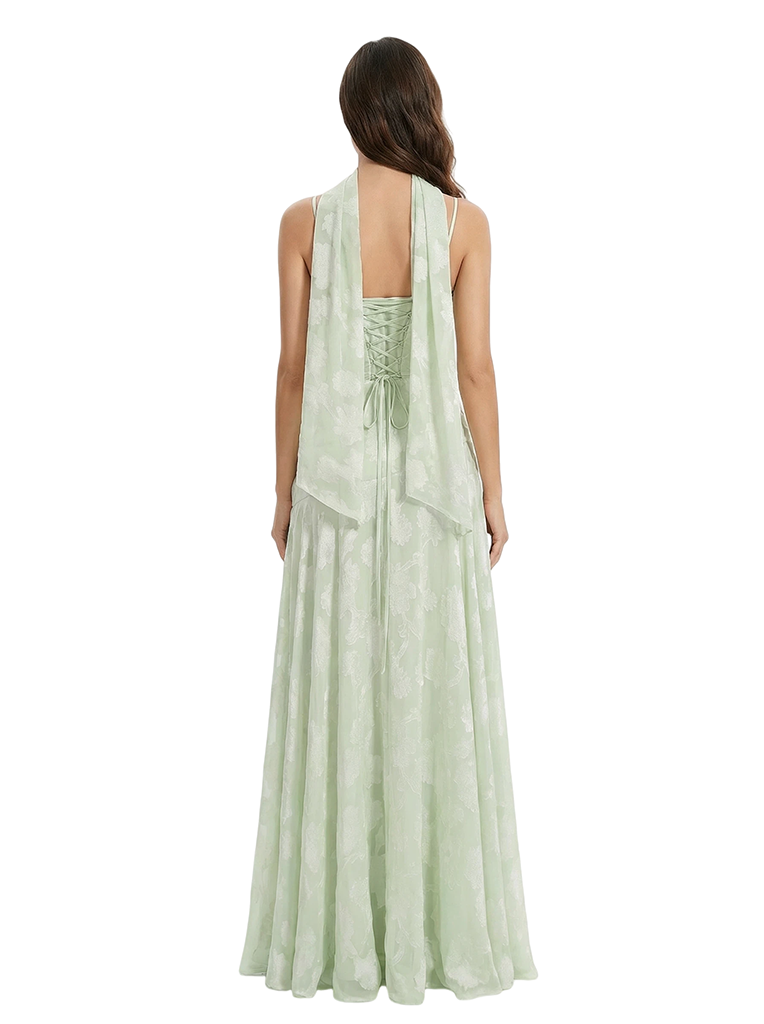 Elegant Spaghetti Straps Floral Burnout Chiffon A-Line Formal Evening Dresses