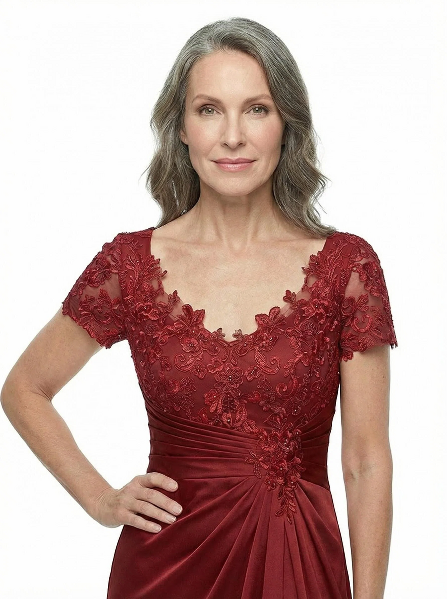 ChicSew Elegant V-Neck Lace Satin A-Line Mother Of The Bride Dresses With Side Slit