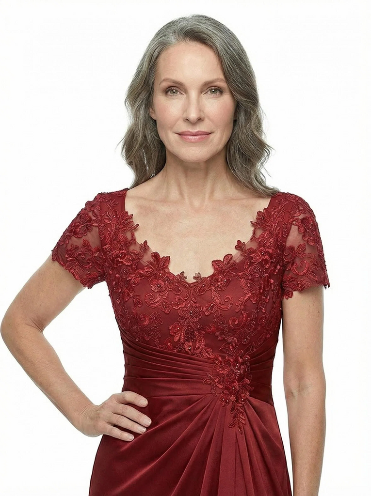 ChicSew Elegant V-Neck Lace Satin A-Line Mother Of The Bride Dresses With Side Slit