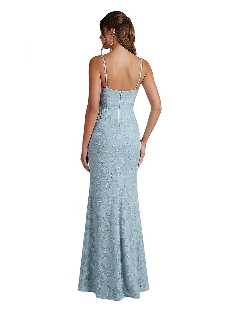 Elegant Cowl Spaghetti Straps Side Slit Floral Burnout Chiffon Mermaid Formal Evening Dresses