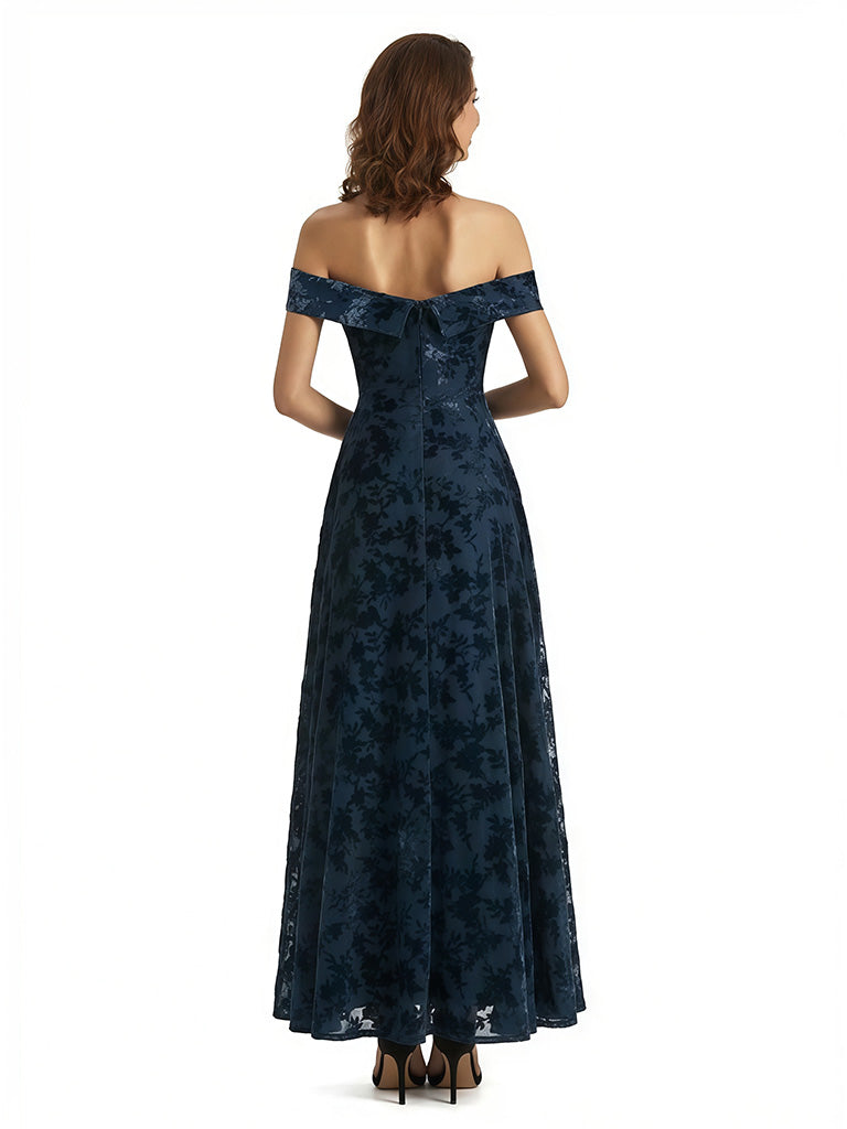 Elegant Floral Burnout Velvet Off The Shoulder Side Slit A-Line Long Formal Evening Gown Dresses