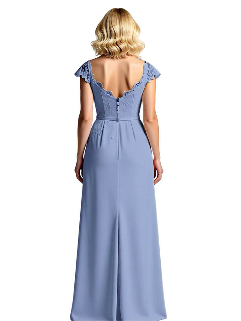 Elegant Chiffon V-neck Cap Sleeves A-line Side Slit Mother of The Bride Dresses