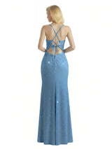 Shiny V-Neck Mermaid Glitter Jersey Side Slit Maxi Formal Dresses For Women