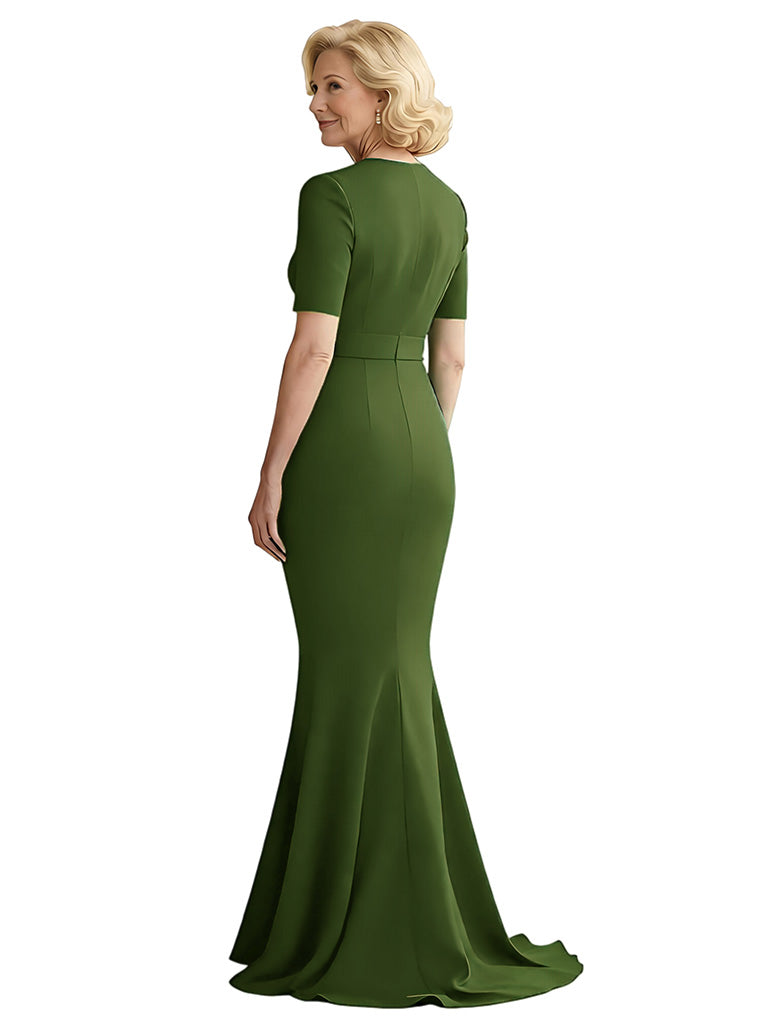 Elegant Mermaid V-neck Crepe Short Sleeves Long Mother of the Brides Dresses