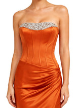 ChicSew Rhinestone Strapless Ruched Side Slit Soft Satin Long Unique Boning Mermaid Bridesmaid Dress For Wedding Occasions