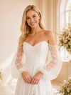 ChicSew Elegant Fancy Long Lace Sleeves A-Line Side Slit Chiffon Floor-Length Wedding Dress With Pleats